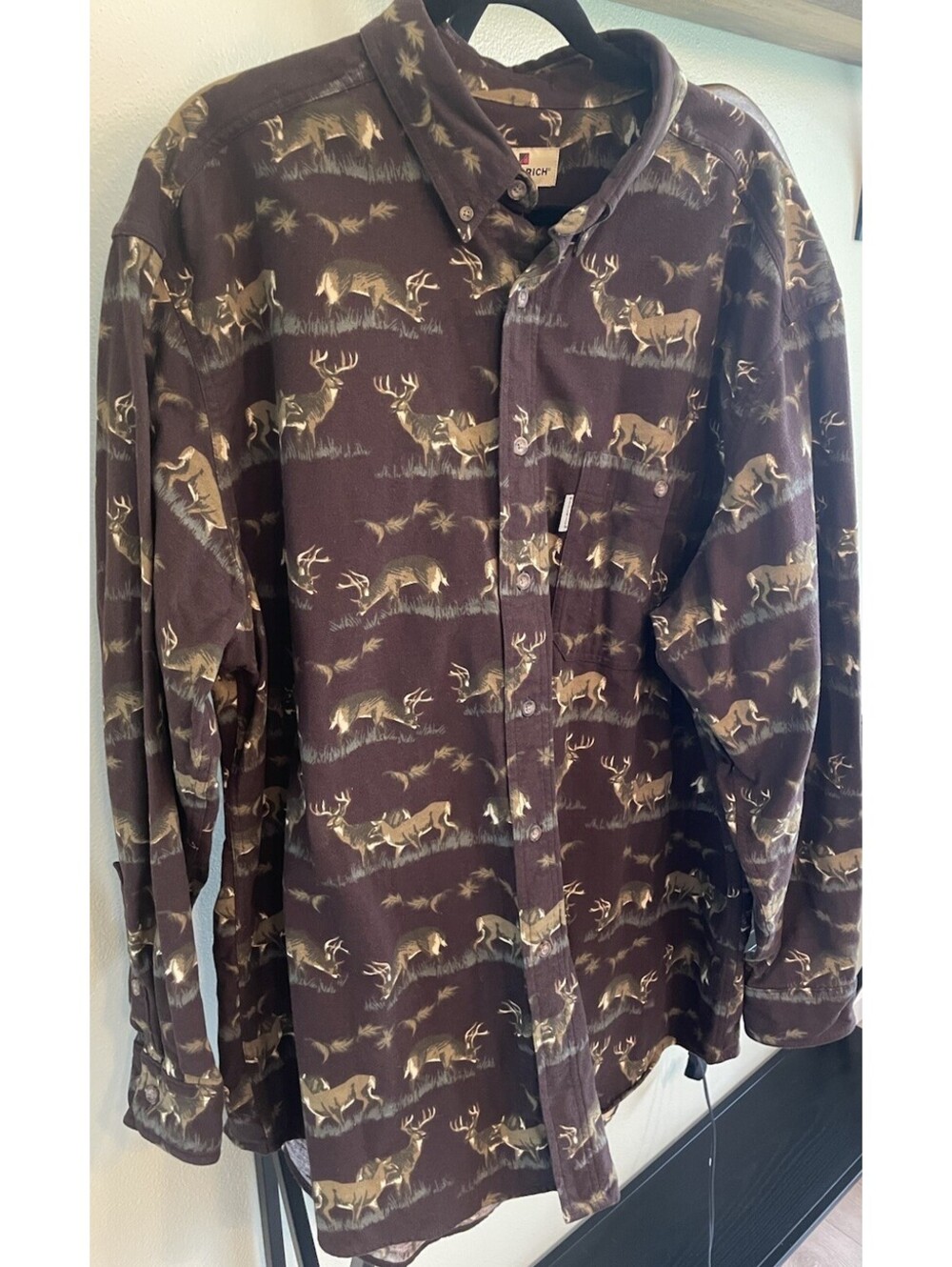 VTG Woolrich Outdoors Deer Print Button Up Long Sleeve Flannel Shirt Mens 2XL